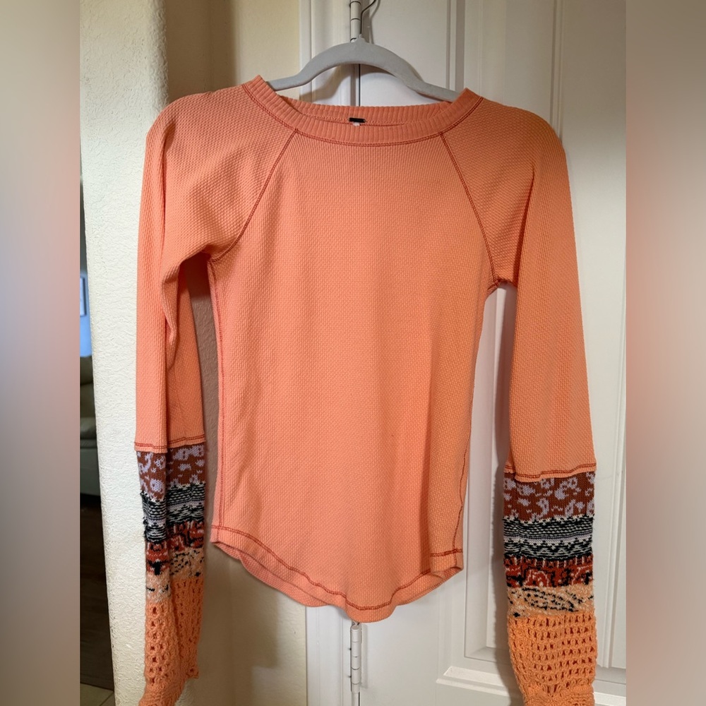 Free People Coral Long Sleeve Top with Patterned Cuffs